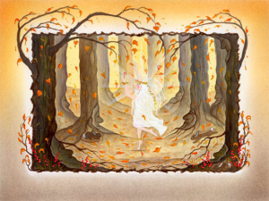 Illustration of Rosabella Dancing in the Autumnal forest from page 25 of the book