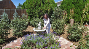 Photo of Gabriele near her Bird Bath